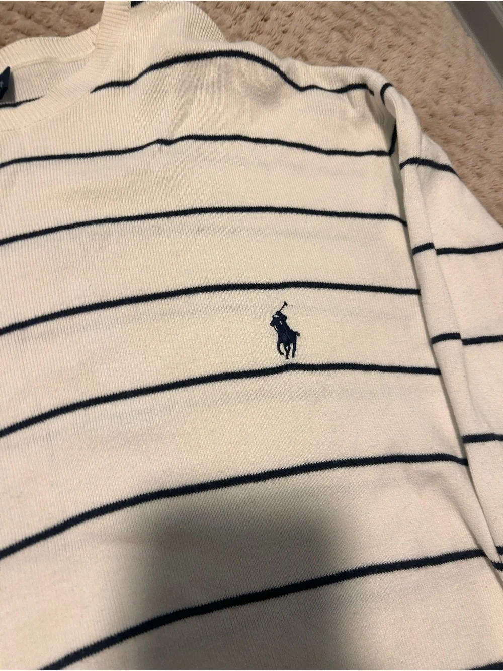 Polo by Ralph Lauren Cream Crewneck with Navy Stripe and Pony